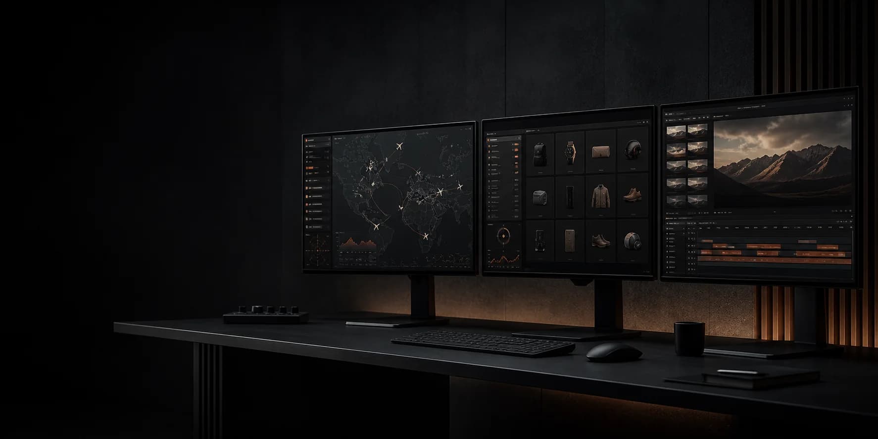A dark professional workspace displaying operational, commerce and media software interfaces
