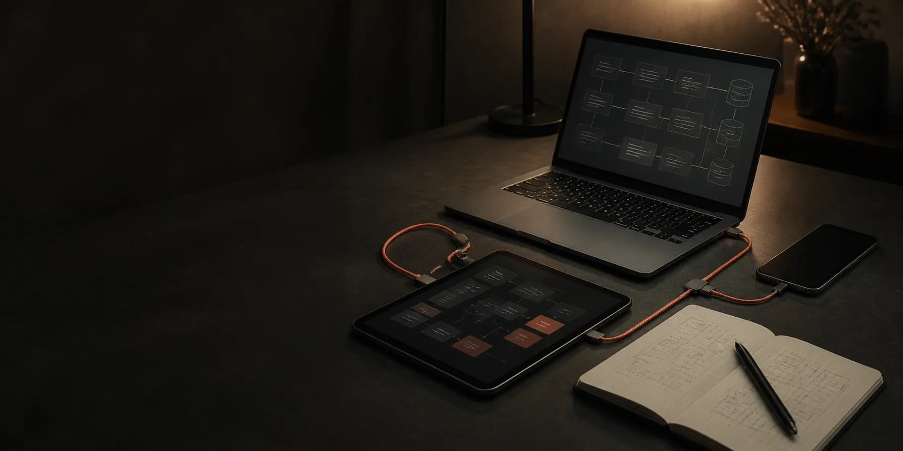 A dark technical workspace connecting software, mobile, data and workflow planning
