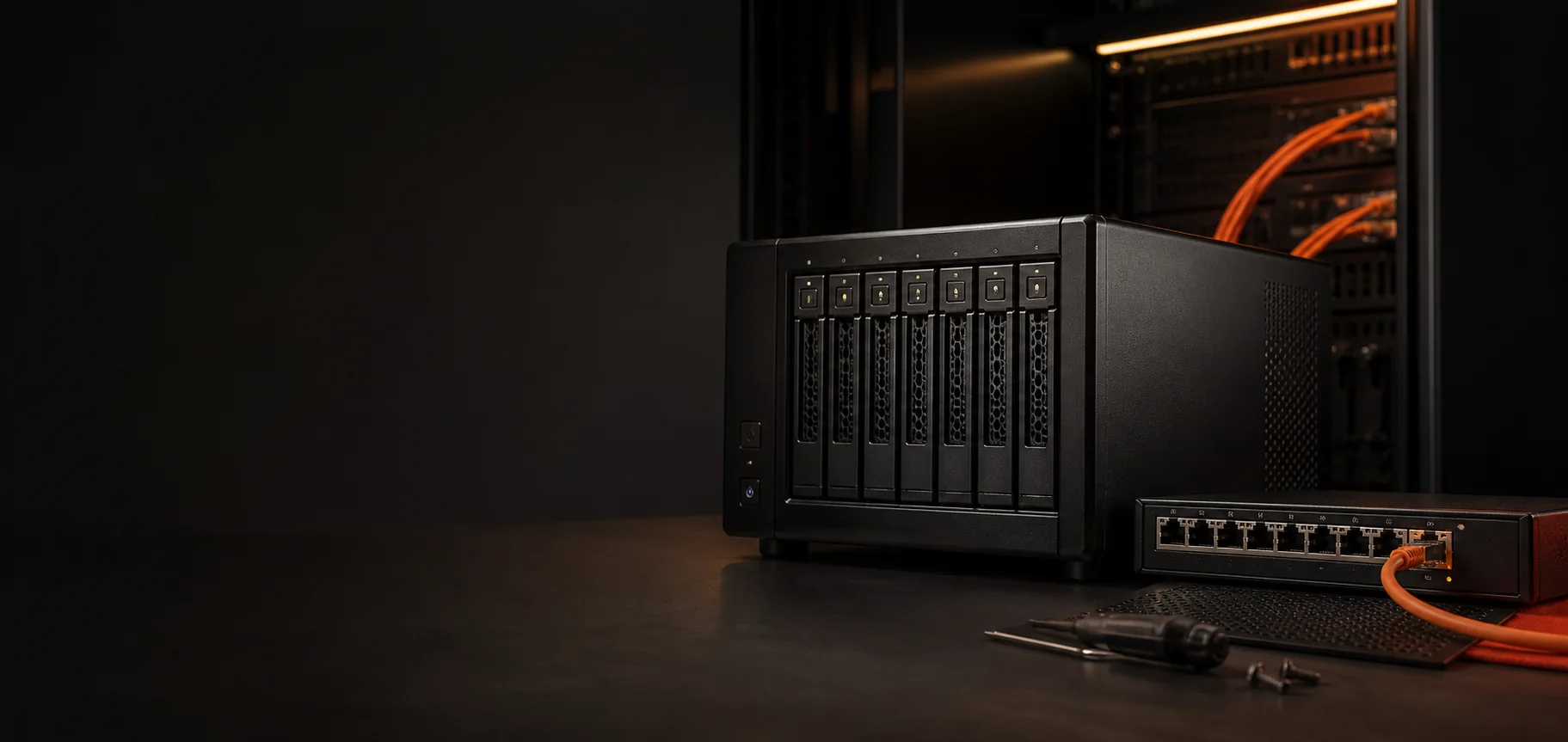 A custom black NAS, network switch and server infrastructure on a technical workbench
