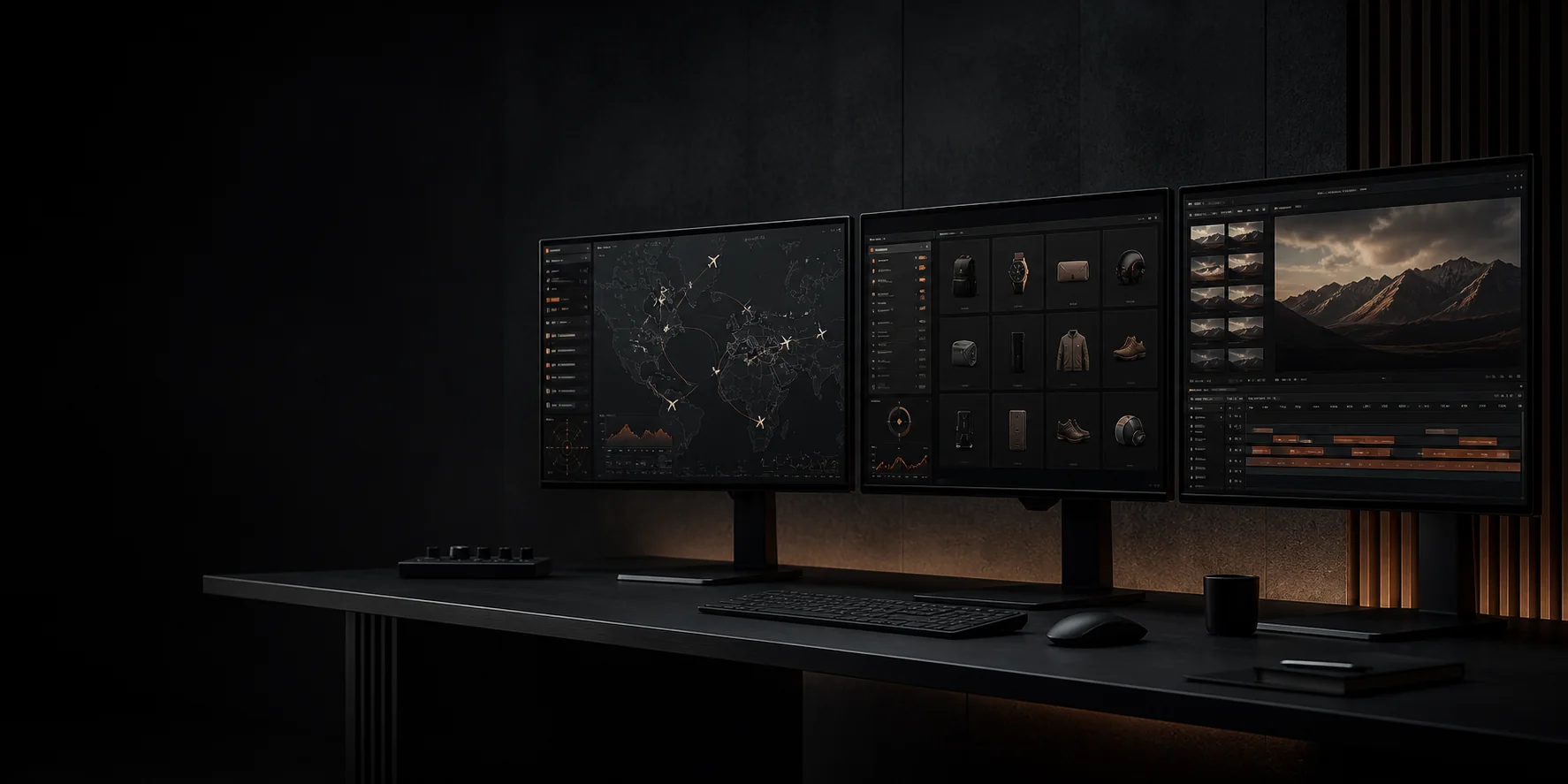 A dark professional workspace displaying operational, commerce and media software interfaces
