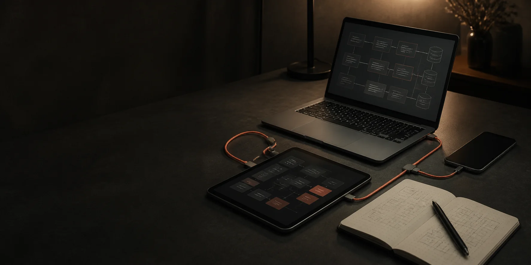 A dark technical workspace connecting software, mobile, data and workflow planning