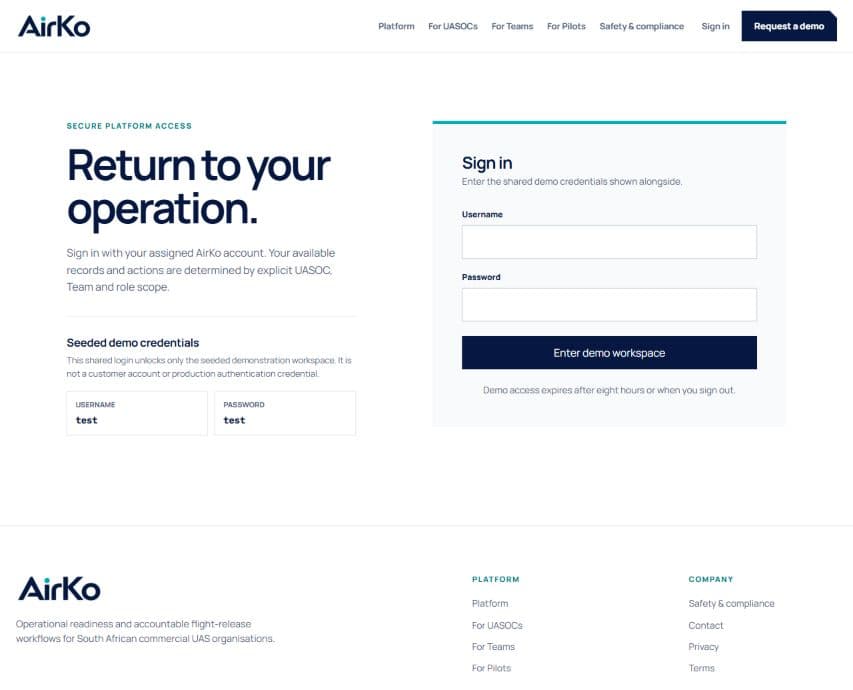 AirKo secure portal sign-in screen with clearly scoped demonstration access