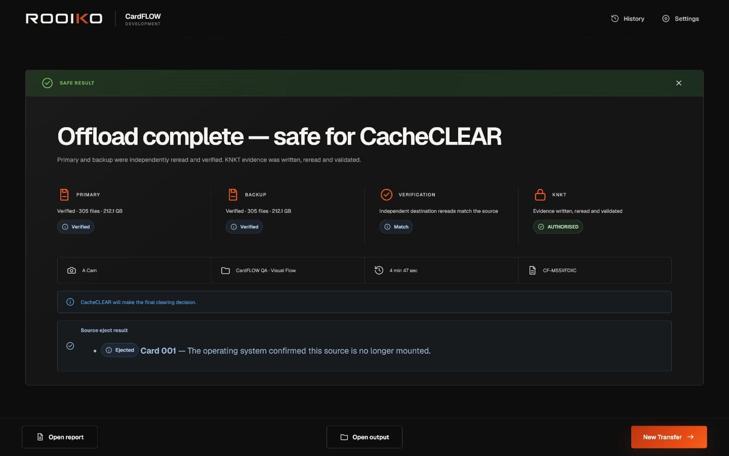 CardFLOW authorised completion screen showing verified primary, backup and knkt.ko evidence
