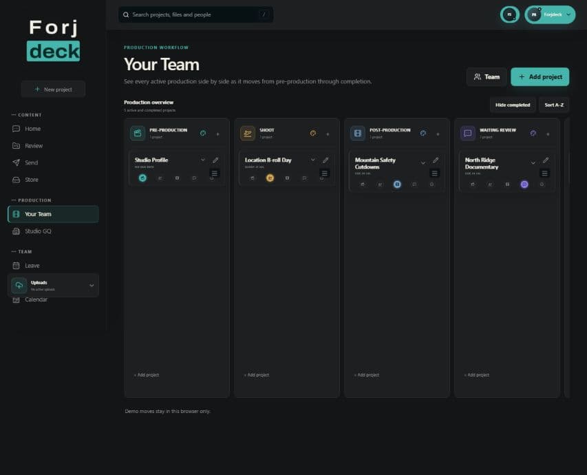 Forjdeck production workspace showing projects organised across active production stages