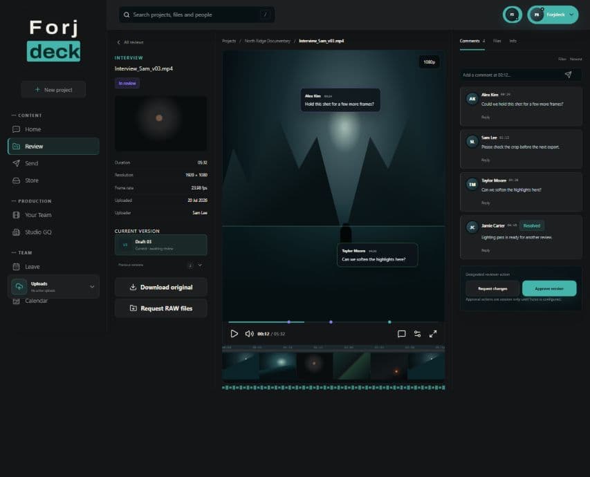 Forjdeck authenticated video review workspace with frame-specific comments and approval tools