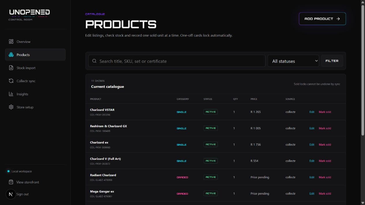 UNOPENED product management table with stock, pricing and availability controls